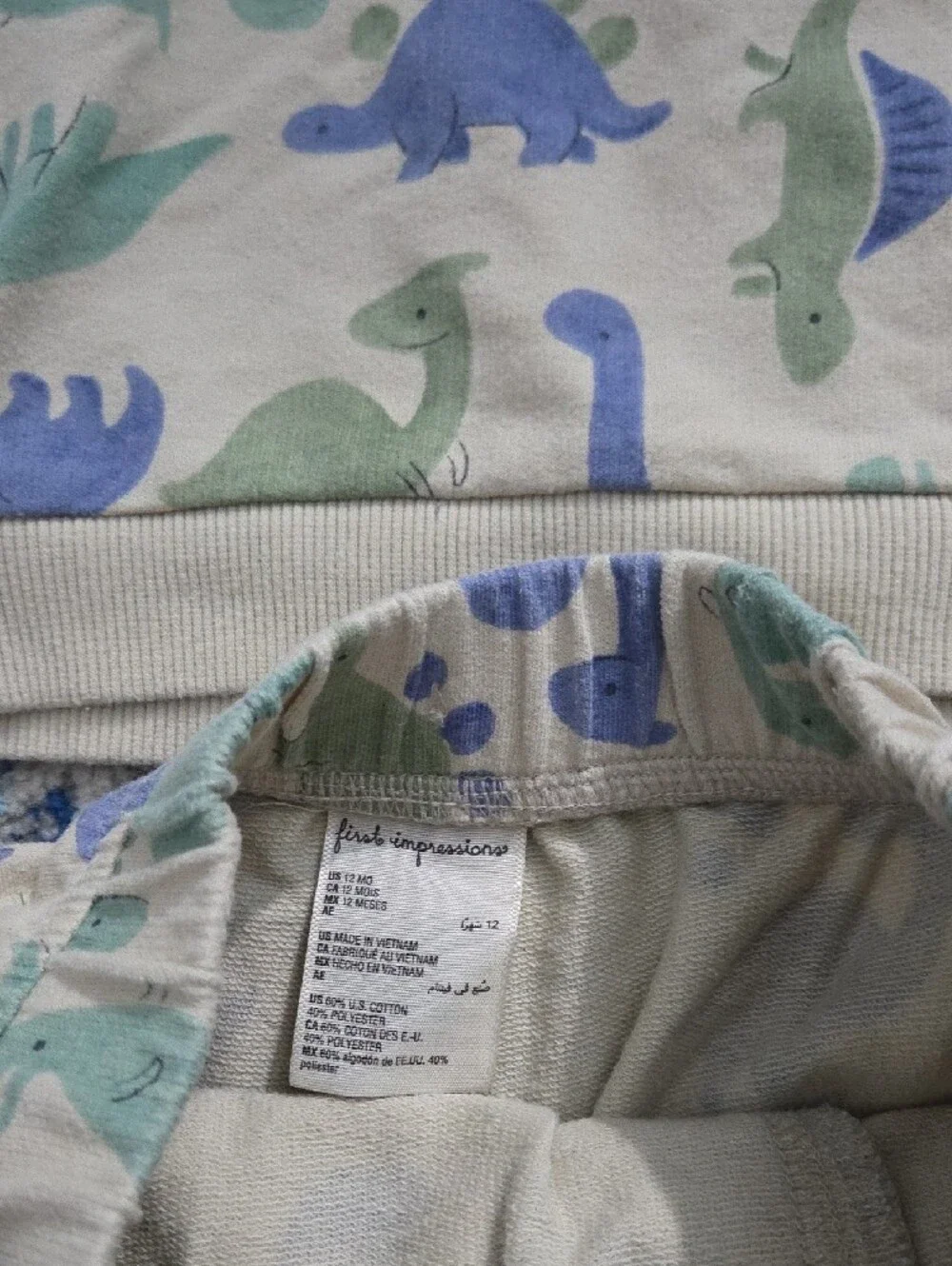 First Impressions Cream Pajama Set with Blue & Green Dinosaurs
